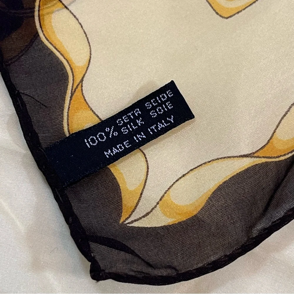 Paloma Picasso Vintage Made In Italy ”Hugs & Kisses” Silk Scarf Yellow & Brown
